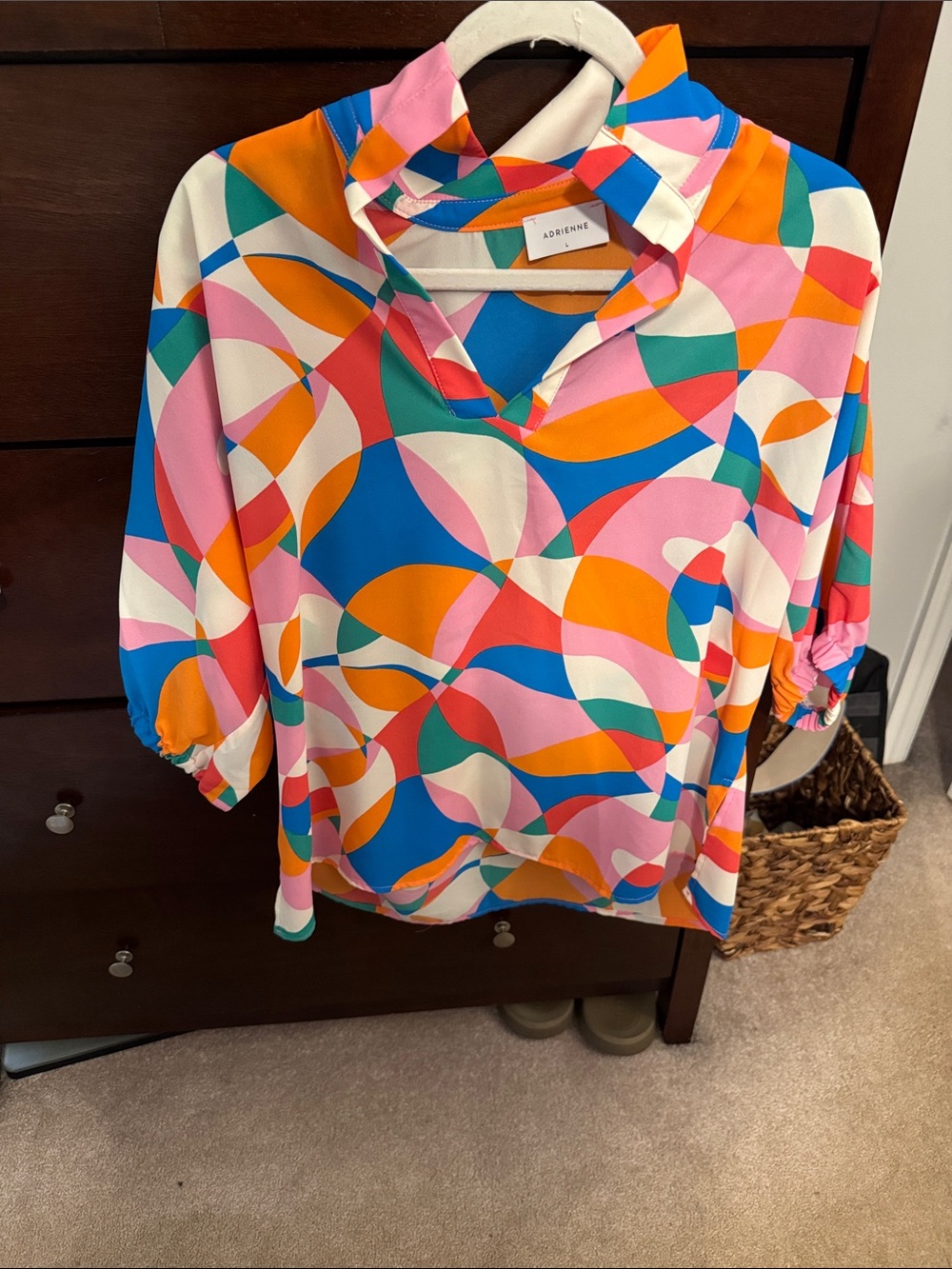 Adrienne Multicolor Geometric V-Neck Blouse — Pink, Blue, Orange, Green